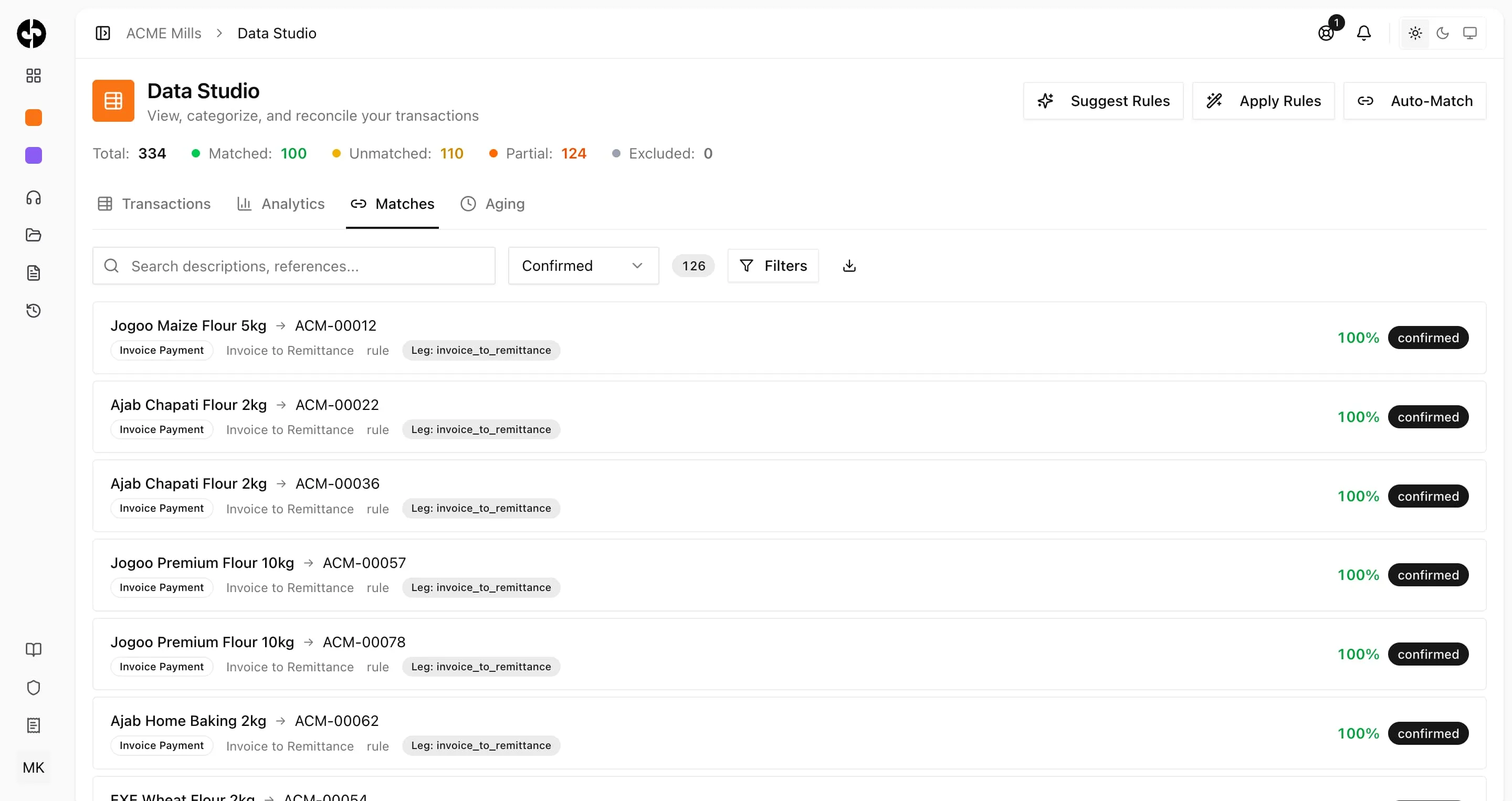 Joinery Data Studio listing confirmed matches between invoice payments and remittances